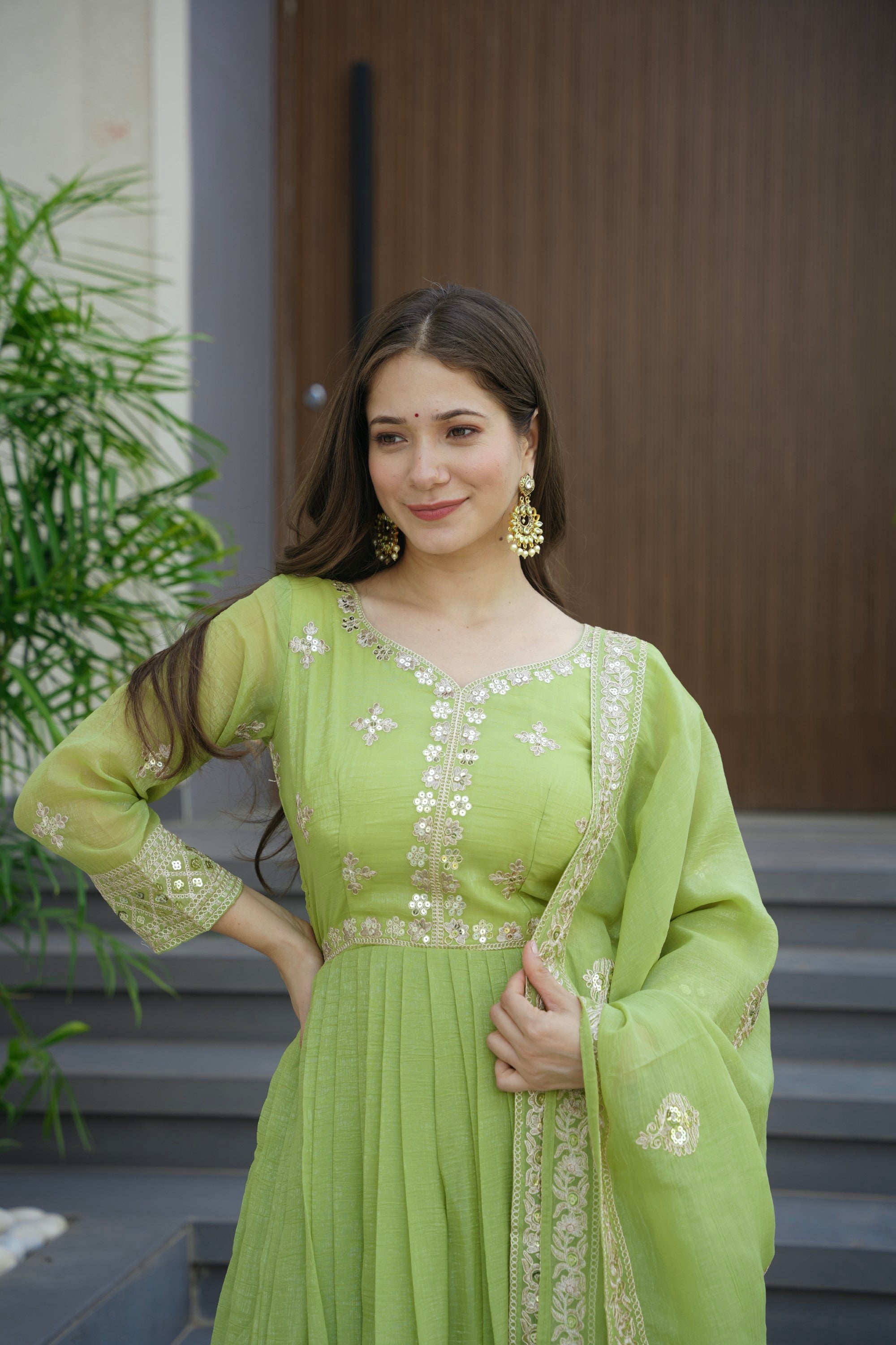Lorenvalley Fashion Parrot Green Crunchy Silk with Embroidery Codding & Sequins Work Anarkali Gown with Dupatta - Distacart