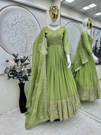 Lorenvalley Fashion Parrot Green Crunchy Silk with Embroidery Codding & Sequins Work Anarkali Gown with Dupatta - Distacart