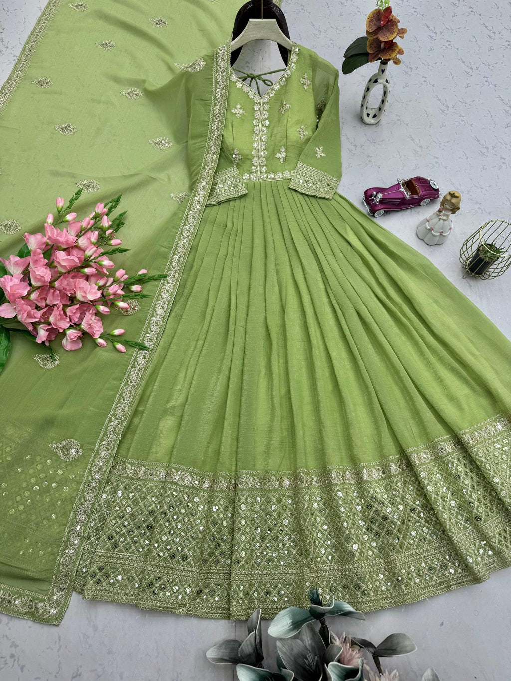 Lorenvalley Fashion Parrot Green Crunchy Silk with Embroidery Codding & Sequins Work Anarkali Gown with Dupatta - Distacart