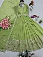 Lorenvalley Fashion Parrot Green Crunchy Silk with Embroidery Codding & Sequins Work Anarkali Gown with Dupatta - Distacart