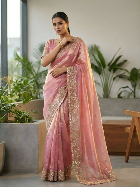 Joban Fashion Pink Fandy Satin Silk Party Wear Sarees
