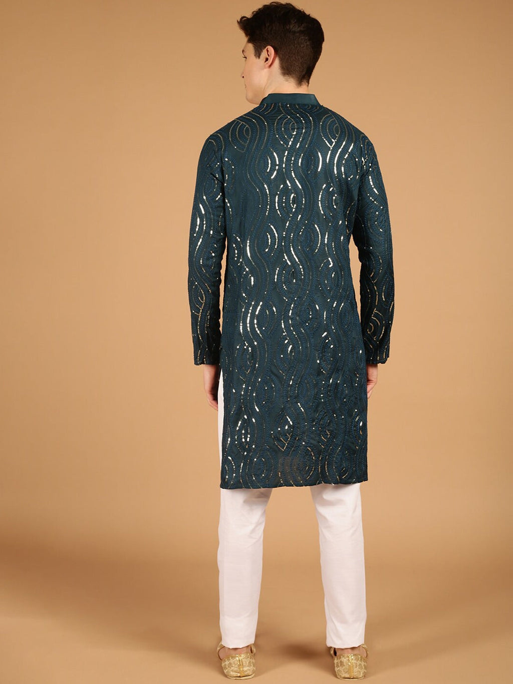 Sojanya Ethnic Motif Embroidered Band Collar Sequinned Pure Cotton Kurta