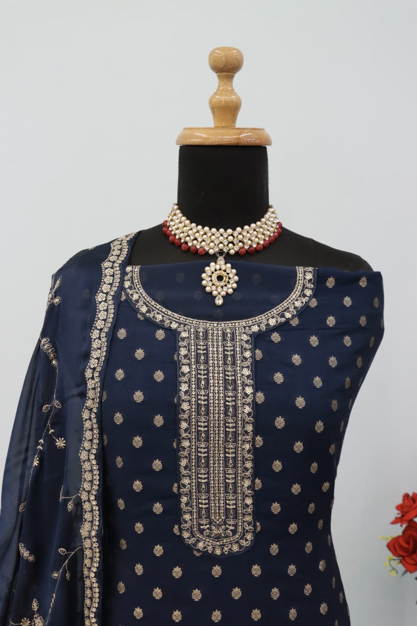 Anaita Navy Blue Dola Jacquard Silk Sequin Embroidered Salwar Suit - Distacart