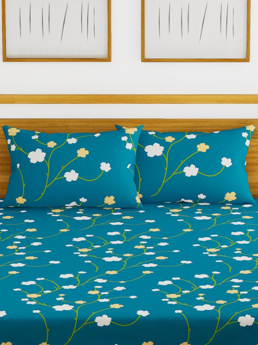 BIANCA Blue & Green Floral Printed 152 TC Cotton 110 GSM Micro-Peached King Bedsheet With 2 Pillow Cover