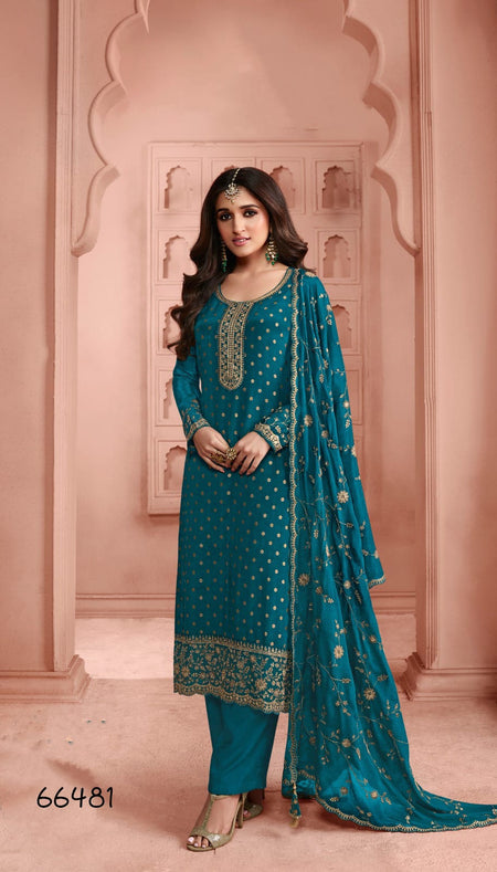 Anaita Turquoise Dola Jacquard Silk Sequin Embroidered Salwar Suit