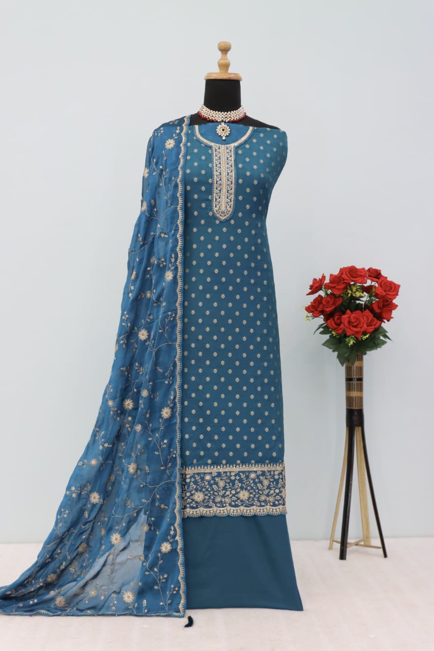 Anaita Turquoise Dola Jacquard Silk Sequin Embroidered Salwar Suit - Distacart