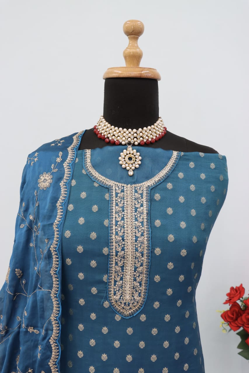 Anaita Turquoise Dola Jacquard Silk Sequin Embroidered Salwar Suit - Distacart