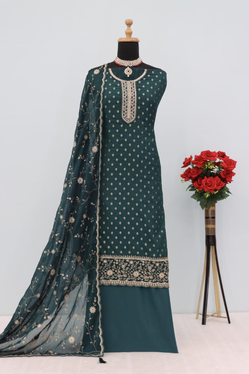 Anaita Dark Green Dola Jacquard Silk Sequin Embroidered Salwar Suit - Distacart