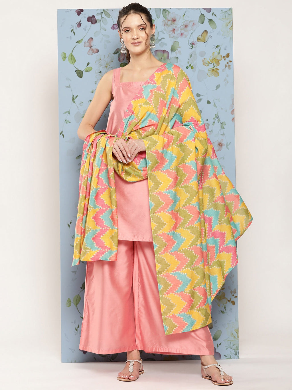 HERE&NOW Shoulder Straps Solid Straight Kurta with Palazzos & Printed Dupatta