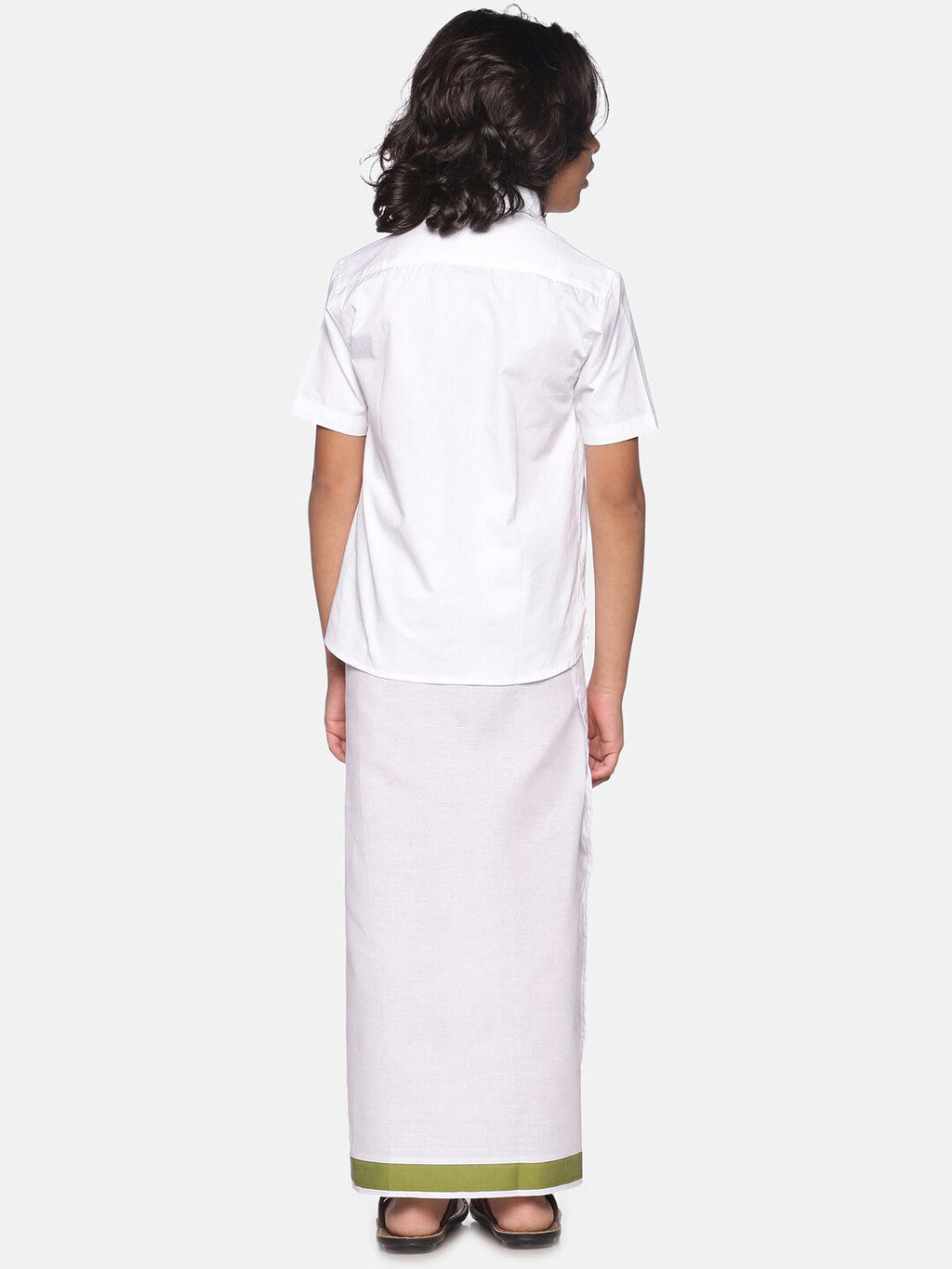 Sethukrishna Boys White & Green Cotton Shirt With Readymade Dhoti