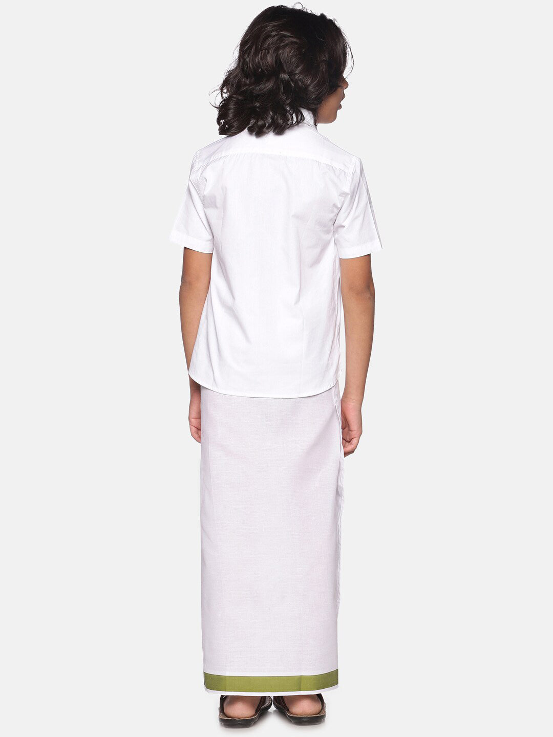 Sethukrishna Boys White & Green Cotton Shirt With Readymade Dhoti