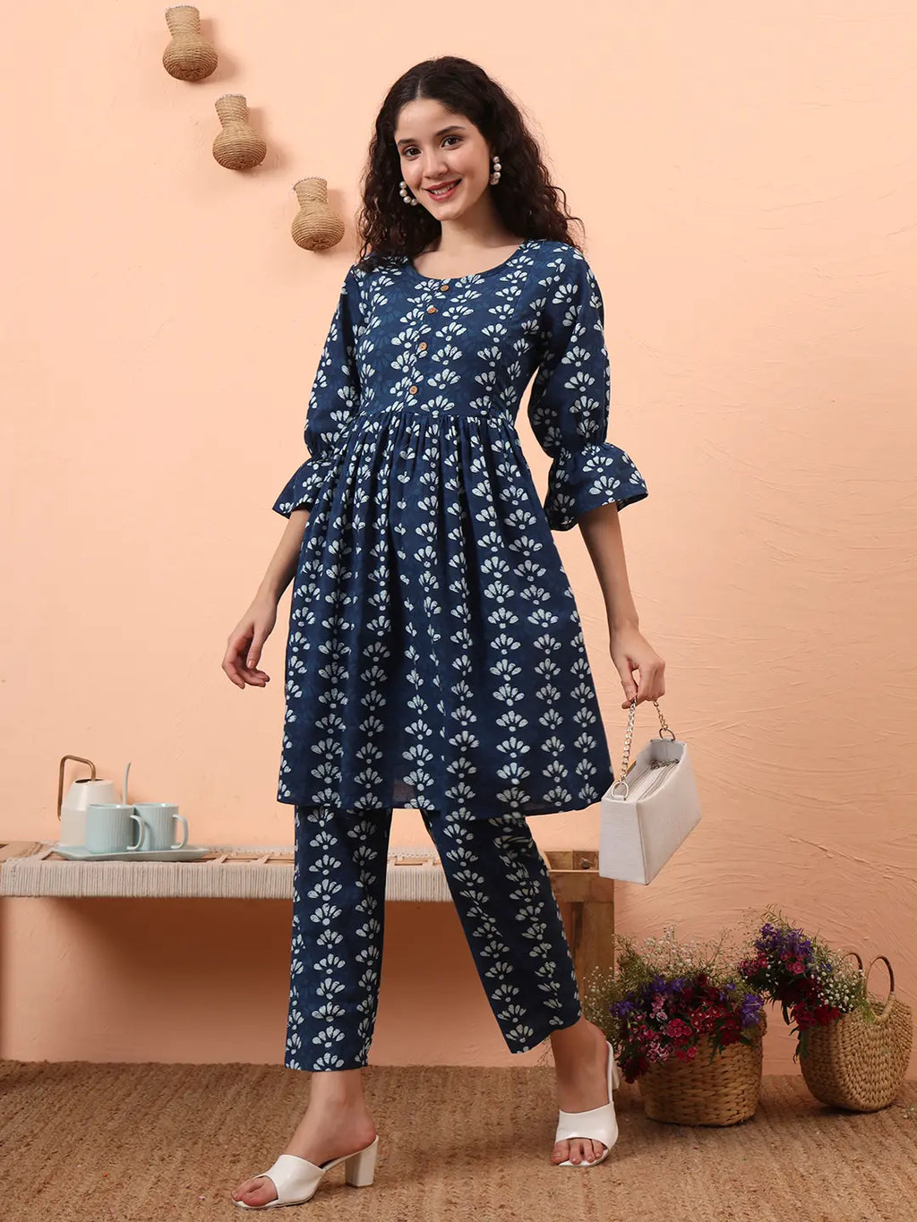 Yufta Blue Cotton Maternity Kurta Pant Set