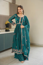 Lorenvalley Fashion Rama Noha Crush Silk with Embroidery Threads & Sequins Work Anarkali Sharara with Dupatta - Distacart