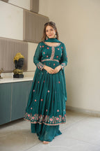Lorenvalley Fashion Rama Noha Crush Silk with Embroidery Threads & Sequins Work Anarkali Sharara with Dupatta - Distacart