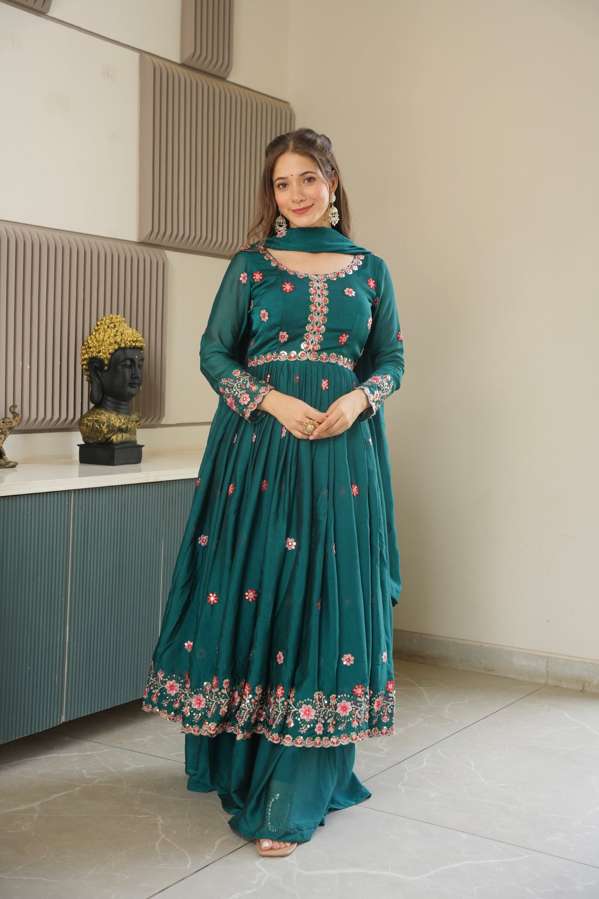 Lorenvalley Fashion Rama Noha Crush Silk with Embroidery Threads & Sequins Work Anarkali Sharara with Dupatta - Distacart