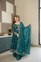 Lorenvalley Fashion Rama Noha Crush Silk with Embroidery Threads & Sequins Work Anarkali Sharara with Dupatta - Distacart