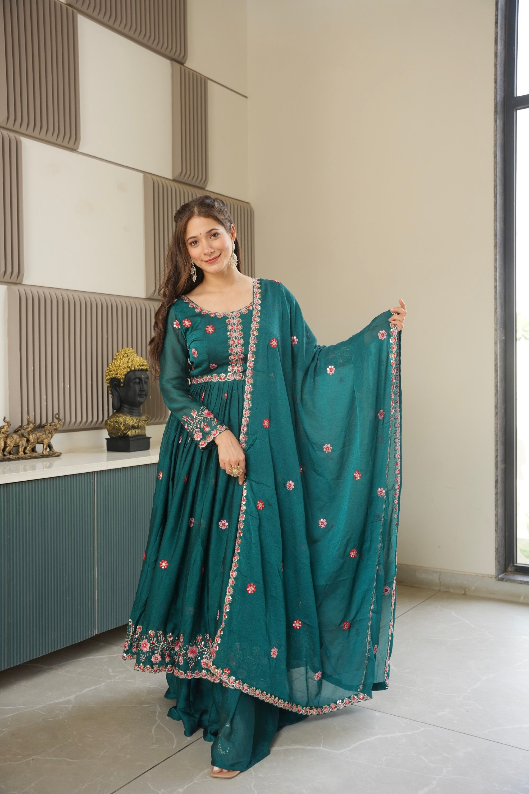 Lorenvalley Fashion Rama Noha Crush Silk with Embroidery Threads & Sequins Work Anarkali Sharara with Dupatta - Distacart
