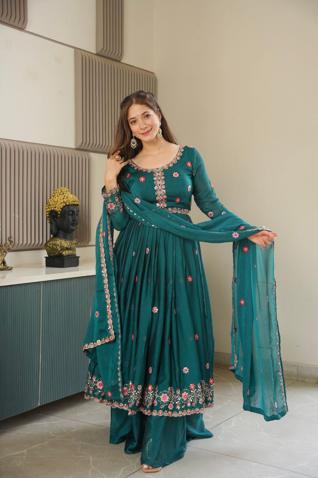 Lorenvalley Fashion Rama Noha Crush Silk with Embroidery Threads & Sequins Work Anarkali Sharara with Dupatta - Distacart