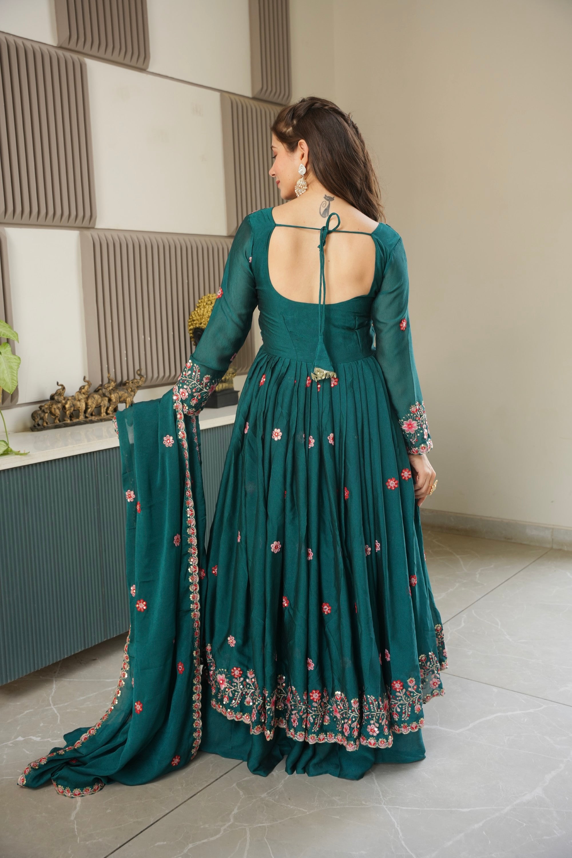 Lorenvalley Fashion Rama Noha Crush Silk with Embroidery Threads & Sequins Work Anarkali Sharara with Dupatta - Distacart