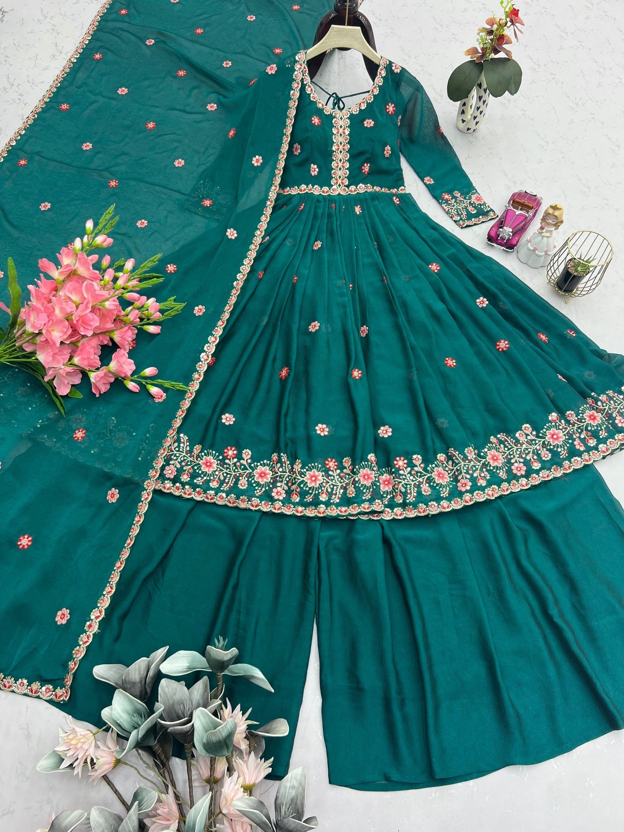Lorenvalley Fashion Rama Noha Crush Silk with Embroidery Threads & Sequins Work Anarkali Sharara with Dupatta - Distacart