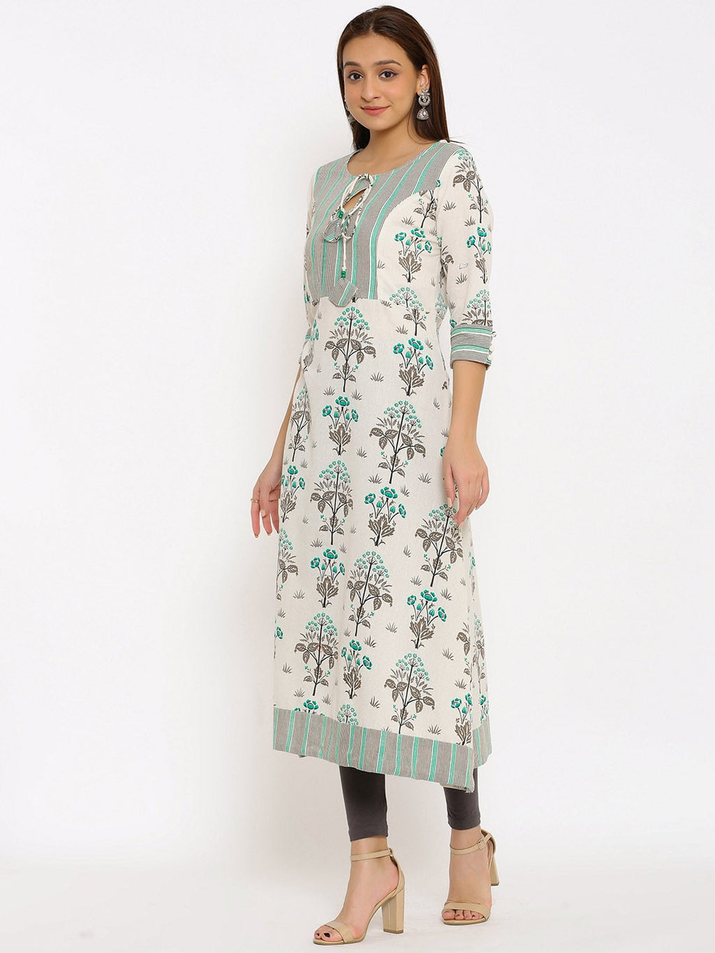 HERE&NOW Off-White & Grey Floral Printed Cotton Flax A-Line Kurta