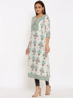 HERE&NOW Off-White & Grey Floral Printed Cotton Flax A-Line Kurta