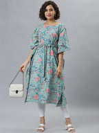 Janasya Sea Green Floral Printed Kaftan Kurta - Distacart