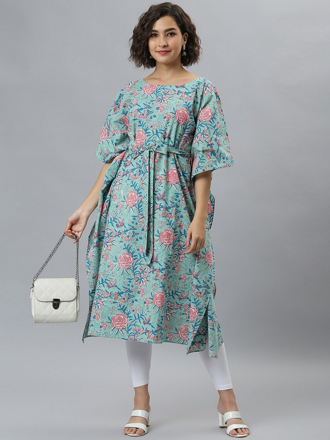 Janasya Sea Green Floral Printed Kaftan Kurta - Distacart