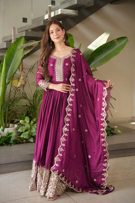 Lorenvalley Fashion Purple Noha Crush Silk with Embroidery Threads & Sequins Work Anarkali Gown with Dupatta