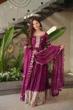 Lorenvalley Fashion Purple Noha Crush Silk with Embroidery Threads & Sequins Work Anarkali Gown with Dupatta - Distacart