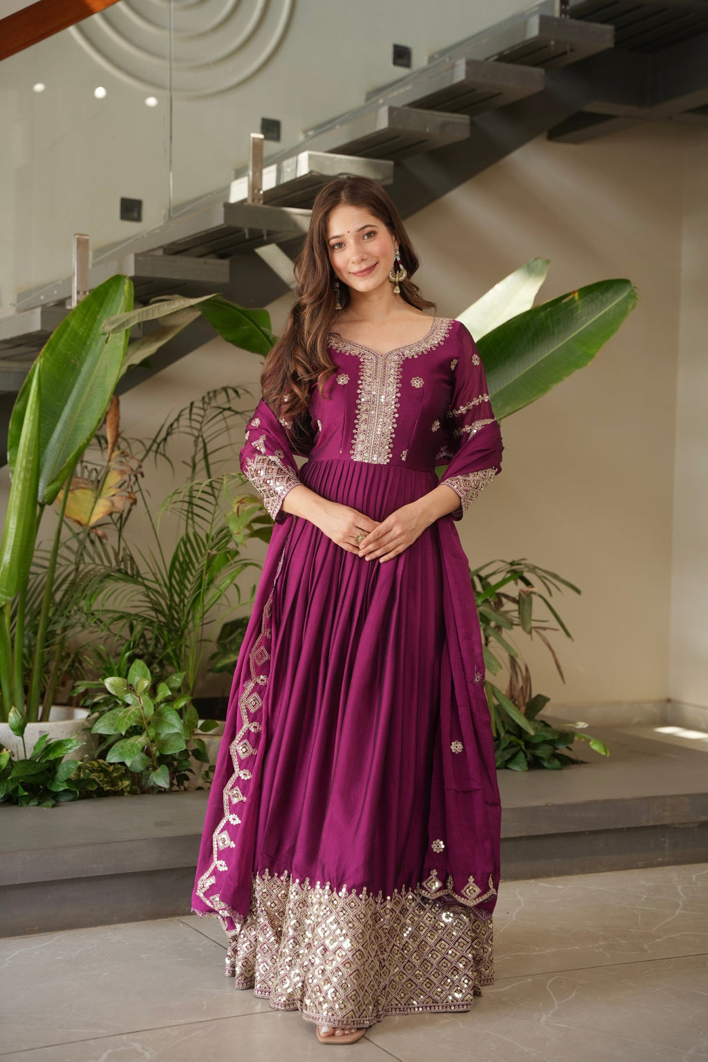 Lorenvalley Fashion Purple Noha Crush Silk with Embroidery Threads & Sequins Work Anarkali Gown with Dupatta - Distacart