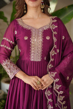 Lorenvalley Fashion Purple Noha Crush Silk with Embroidery Threads & Sequins Work Anarkali Gown with Dupatta - Distacart