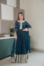 Lorenvalley Fashion Rama Noha Crush Silk with Embroidery Threads & Sequins Work Anarkali Gown with Dupatta - Distacart
