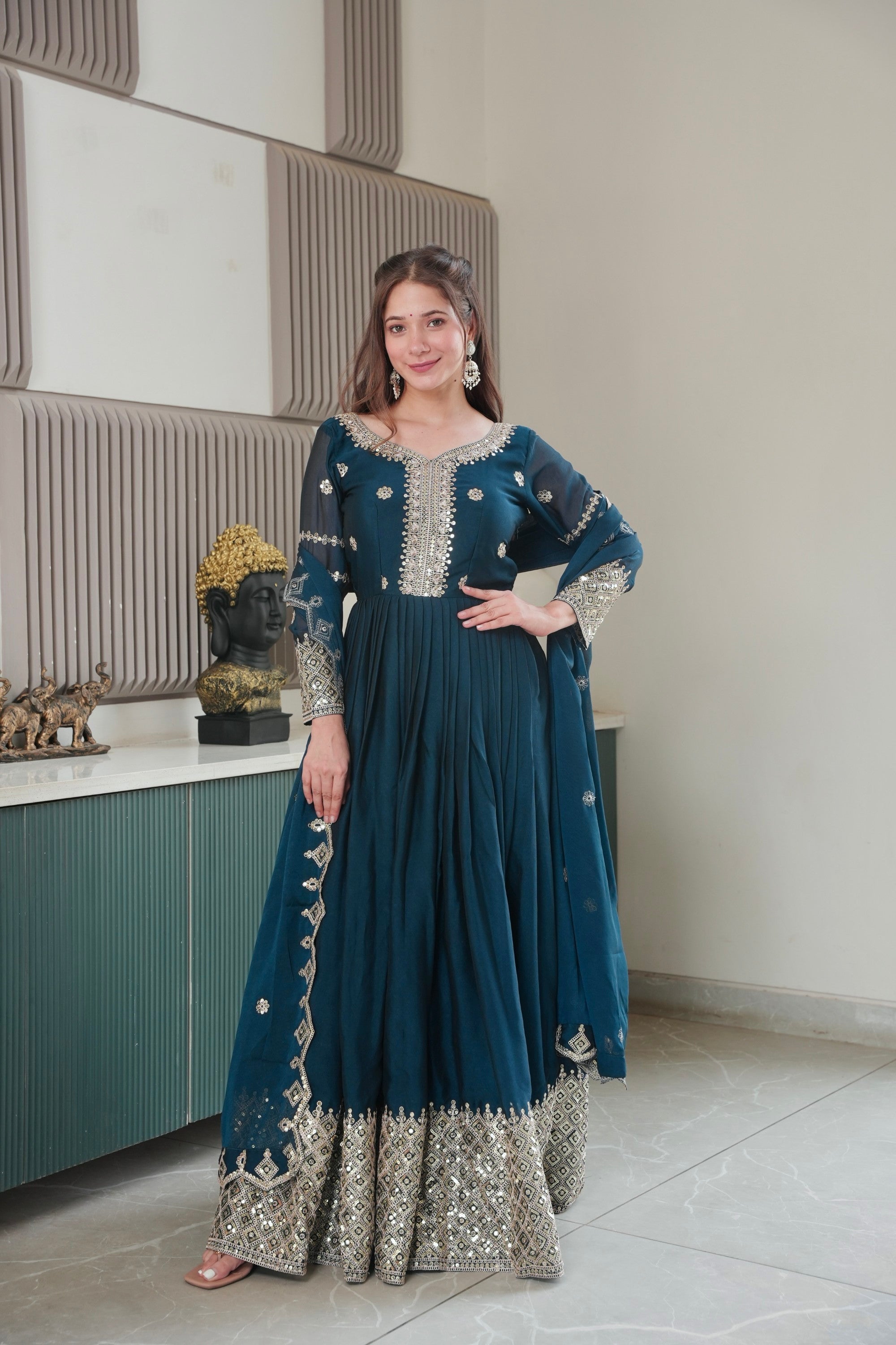 Lorenvalley Fashion Rama Noha Crush Silk with Embroidery Threads & Sequins Work Anarkali Gown with Dupatta - Distacart