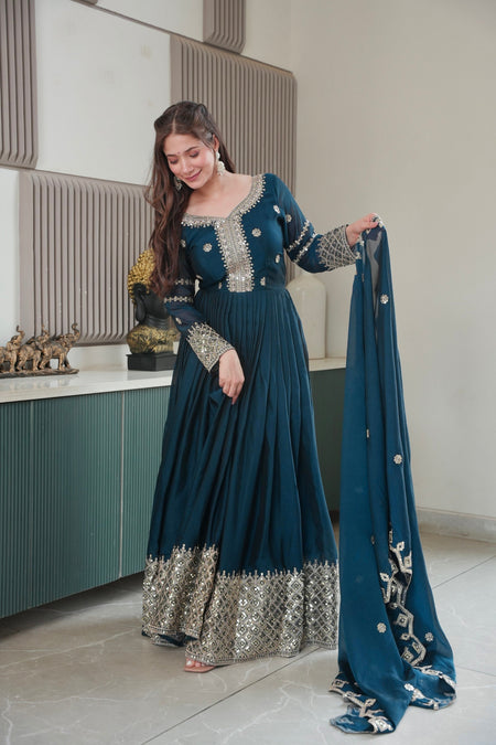 Lorenvalley Fashion Rama Noha Crush Silk with Embroidery Threads & Sequins Work Anarkali Gown with Dupatta