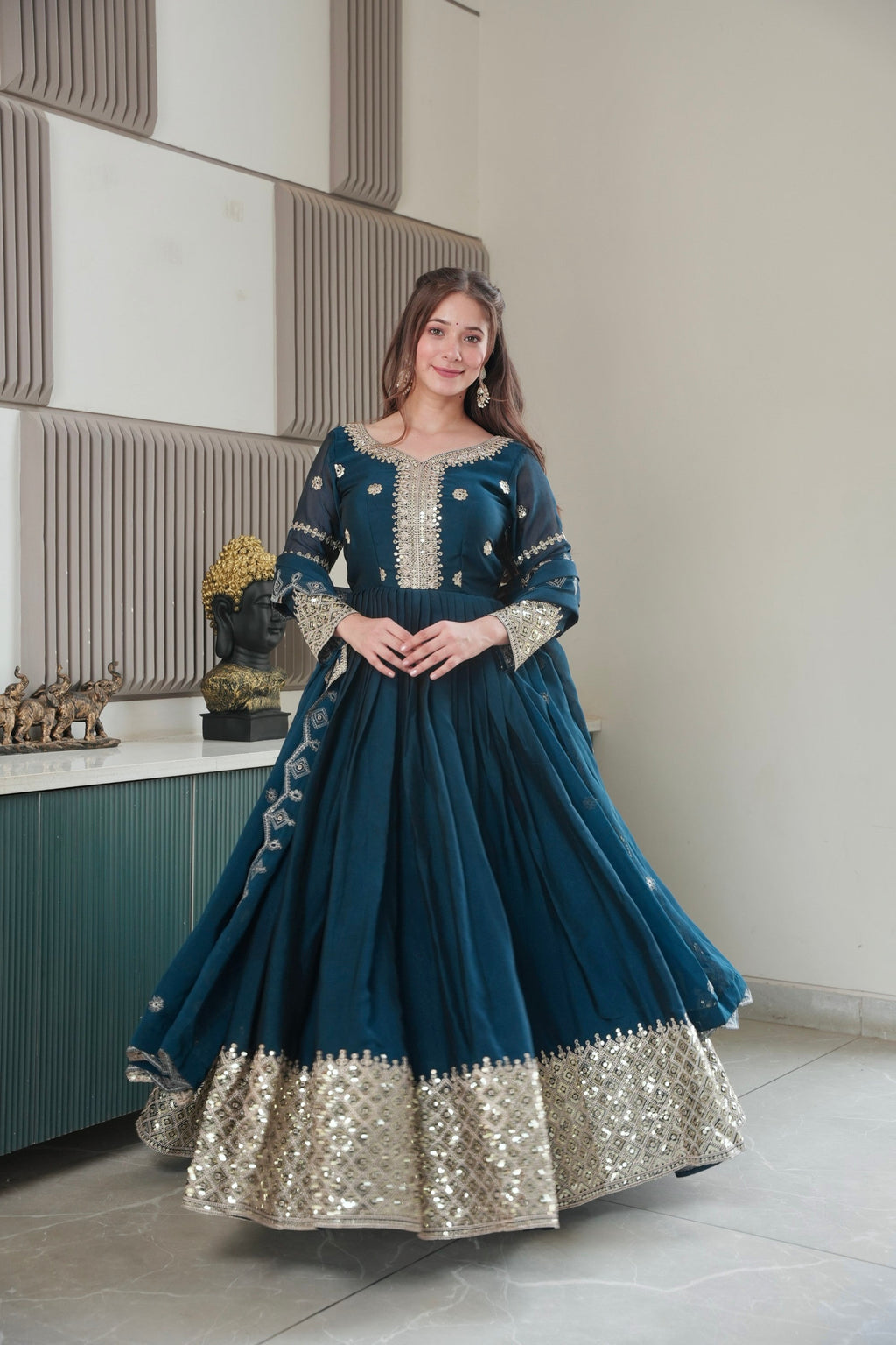 Lorenvalley Fashion Rama Noha Crush Silk with Embroidery Threads & Sequins Work Anarkali Gown with Dupatta - Distacart