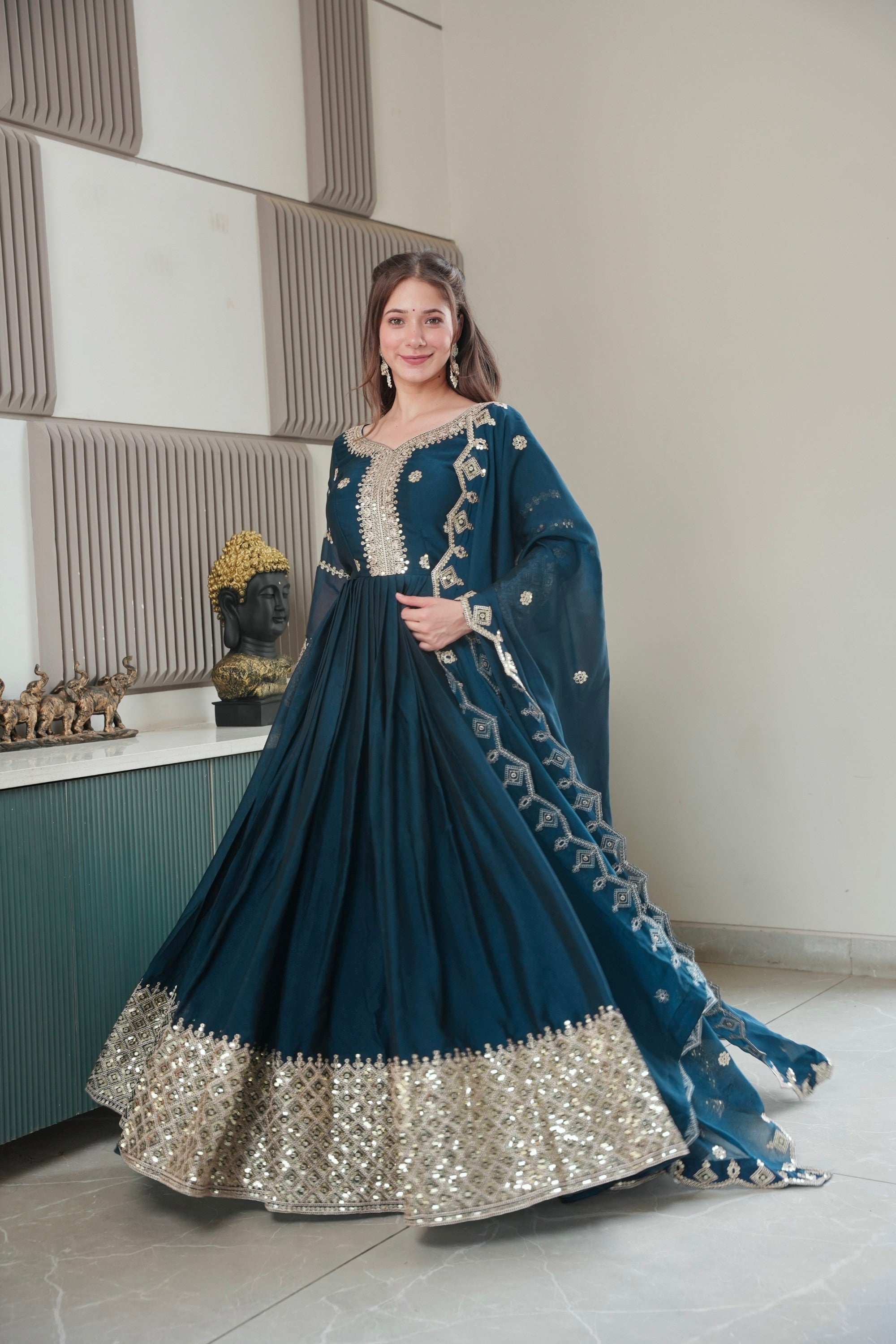 Lorenvalley Fashion Rama Noha Crush Silk with Embroidery Threads & Sequins Work Anarkali Gown with Dupatta - Distacart
