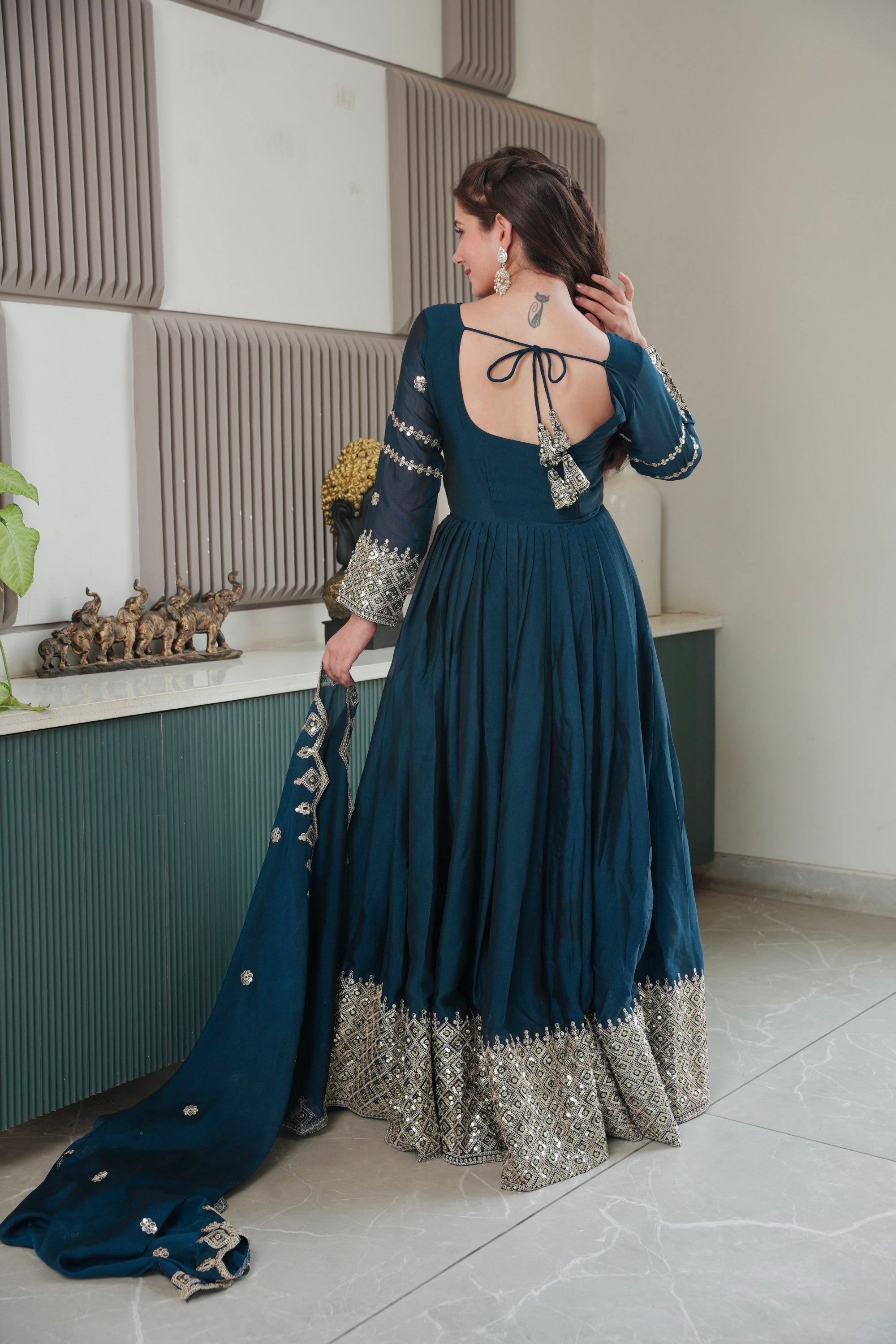 Lorenvalley Fashion Rama Noha Crush Silk with Embroidery Threads & Sequins Work Anarkali Gown with Dupatta - Distacart
