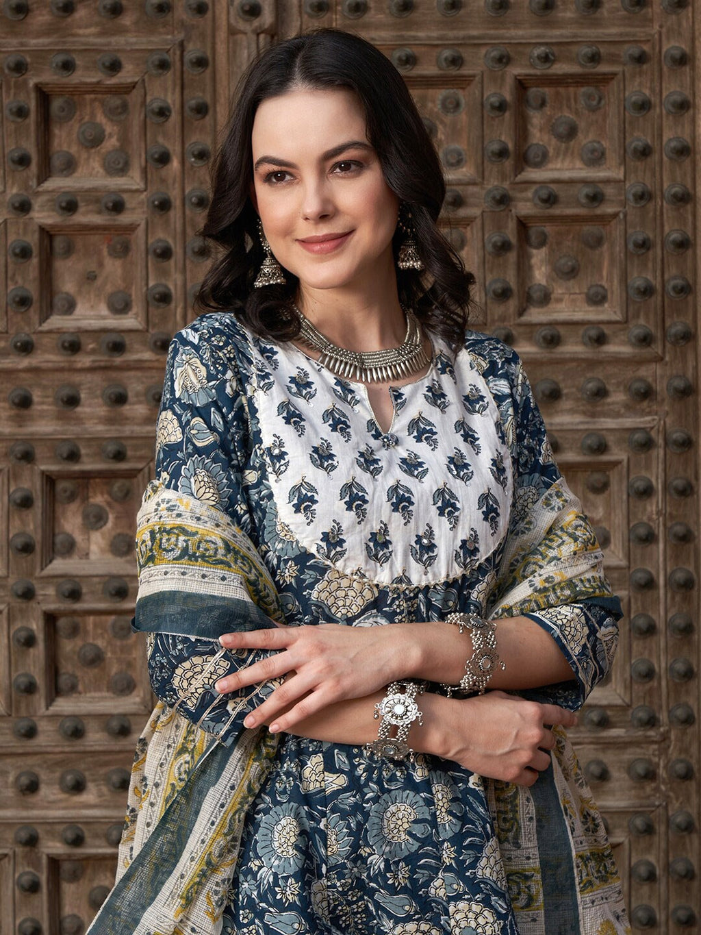 Sangria Navy Blue Floral Printed Pure Cotton Anarkali Kurta With Trouser & Dupatta