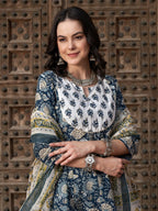 Sangria Navy Blue Floral Printed Pure Cotton Anarkali Kurta With Trouser & Dupatta