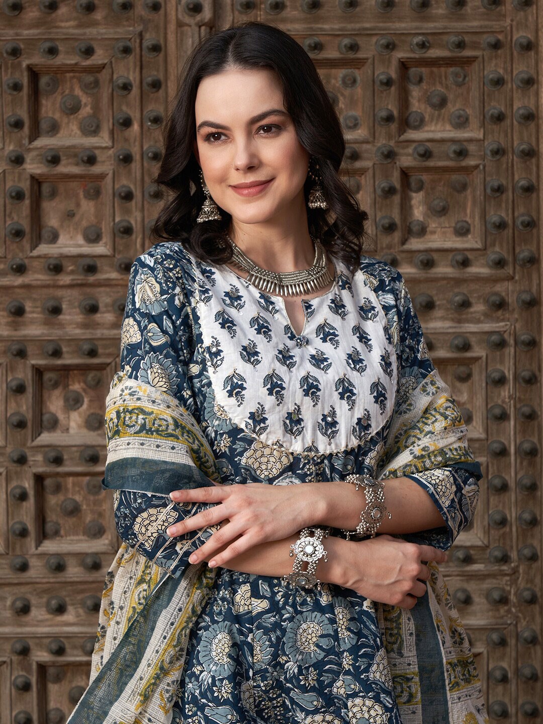 Sangria Navy Blue Floral Printed Pure Cotton Anarkali Kurta With Trouser & Dupatta