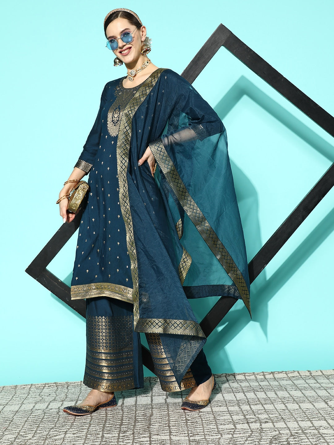 Sangria Women Floral Yoke Design Regular Kurta with Palazzos & With Dupatta