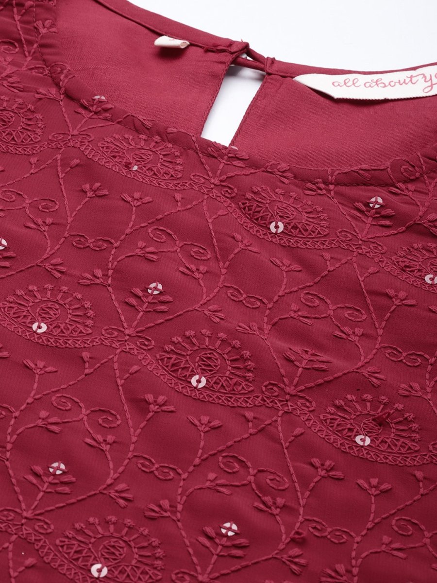 All About You Women Maroon Ethnic Motifs Embroidered Chikankari Kurta with Palazzos