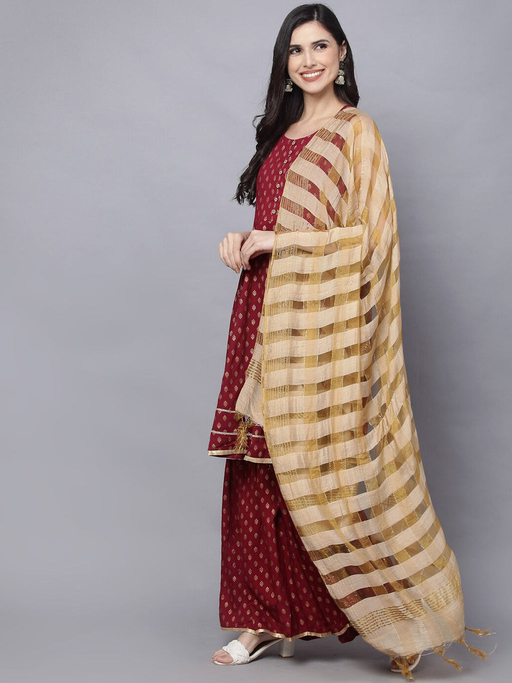 HERE&NOW Women Maroon Ethnic Motifs Printed Kurta with Palazzos & With Dupatta