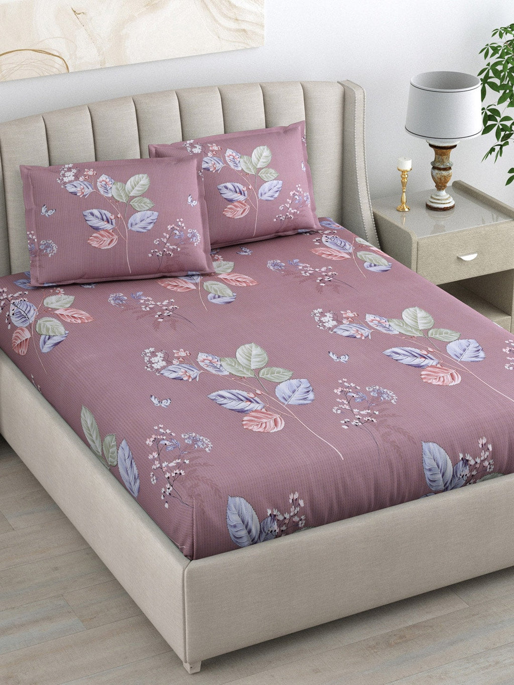 DREAM WEAVERZ 220 TC Pink & Blue Floral Glazed Cotton King Bedsheet with 2 Pillow Covers