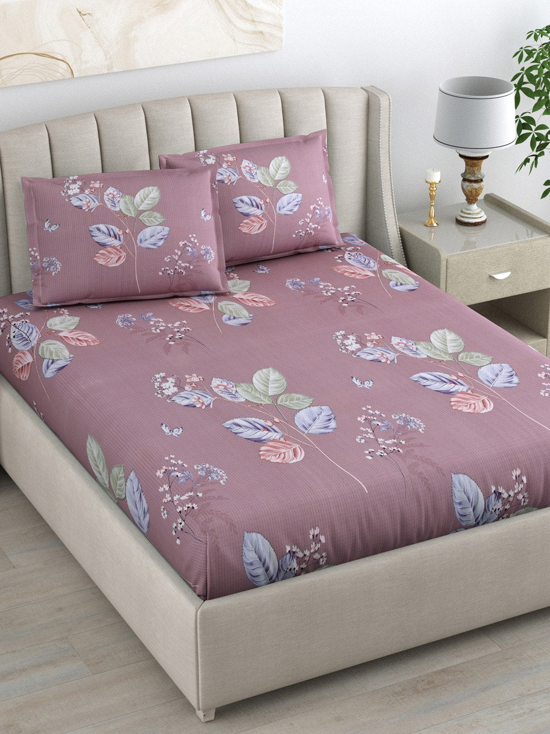DREAM WEAVERZ 220 TC Pink & Blue Floral Glazed Cotton King Bedsheet with 2 Pillow Covers