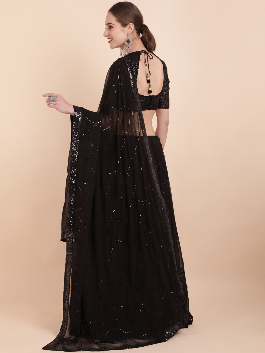 Sangria Black Embellished Sequinned Pure Georgette Lehenga Saree - Distacart