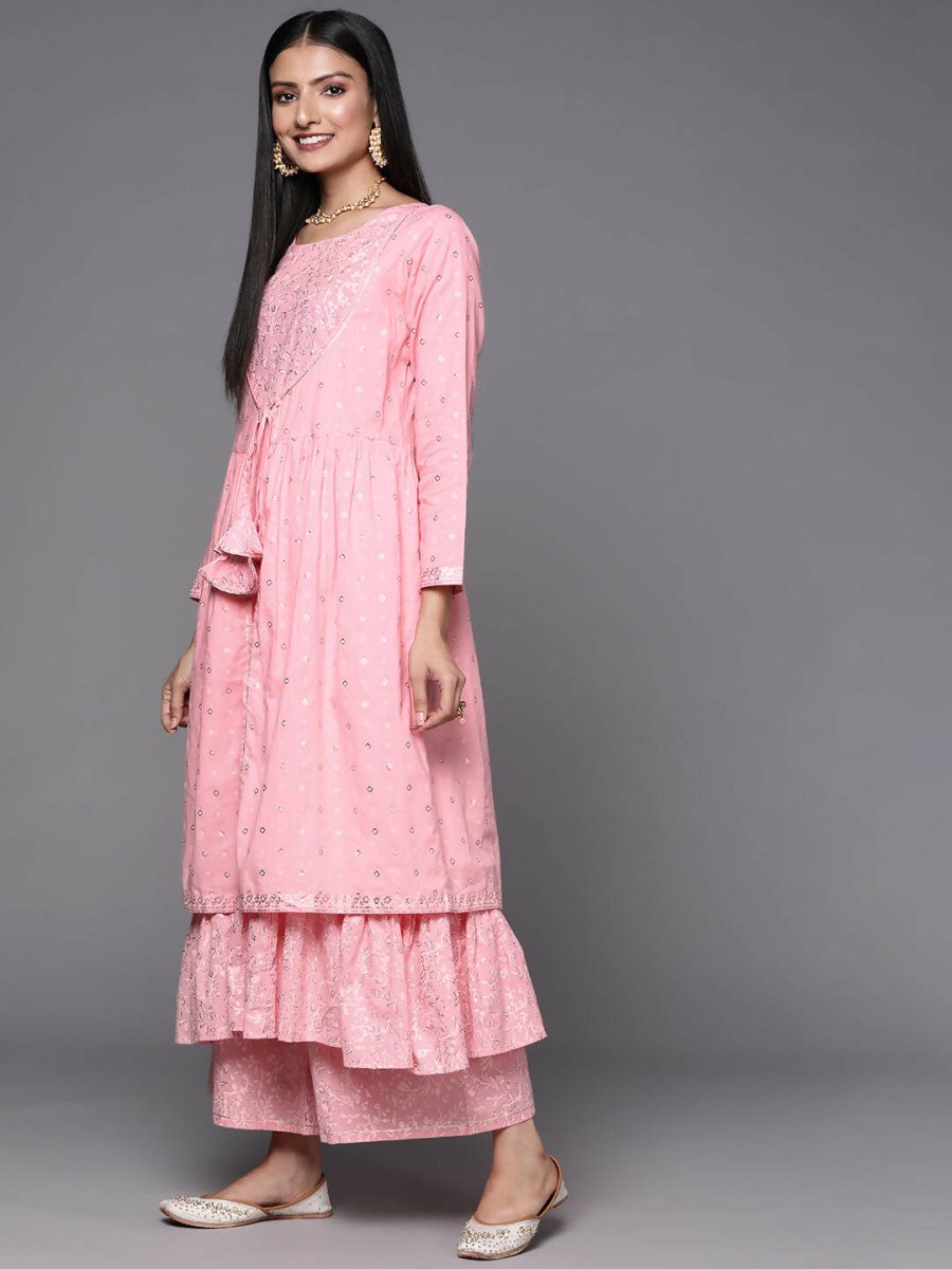 Ahalyaa Pink & Gold Ethnic Printed Layered Front Slit Cotton Anarkali Kurta Palazzos - Distacart