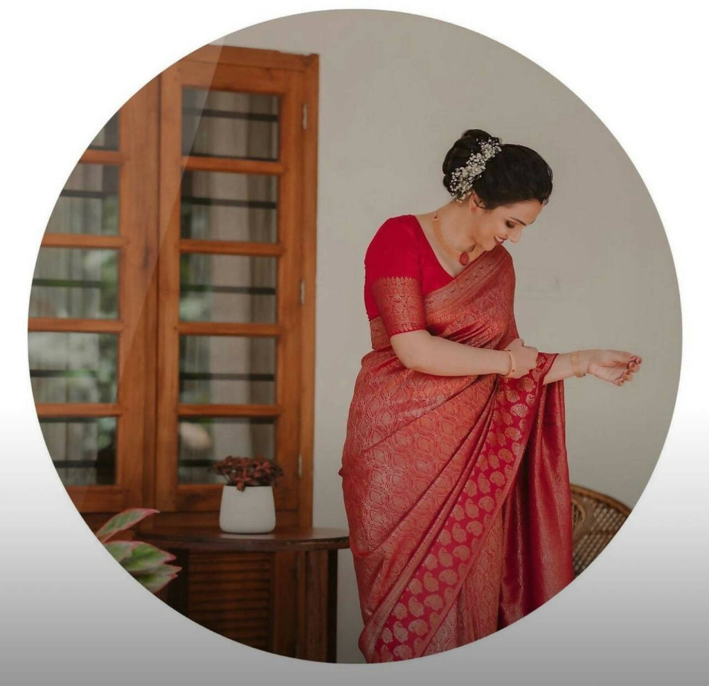 DEIANA'S Beautiful Designer Golden zari Soft Lichi Silk Saree - Red