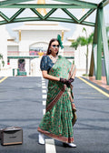 Anaita Green Ajrakh Printed Pure Satin Silk Saree With Blouse - Distacart